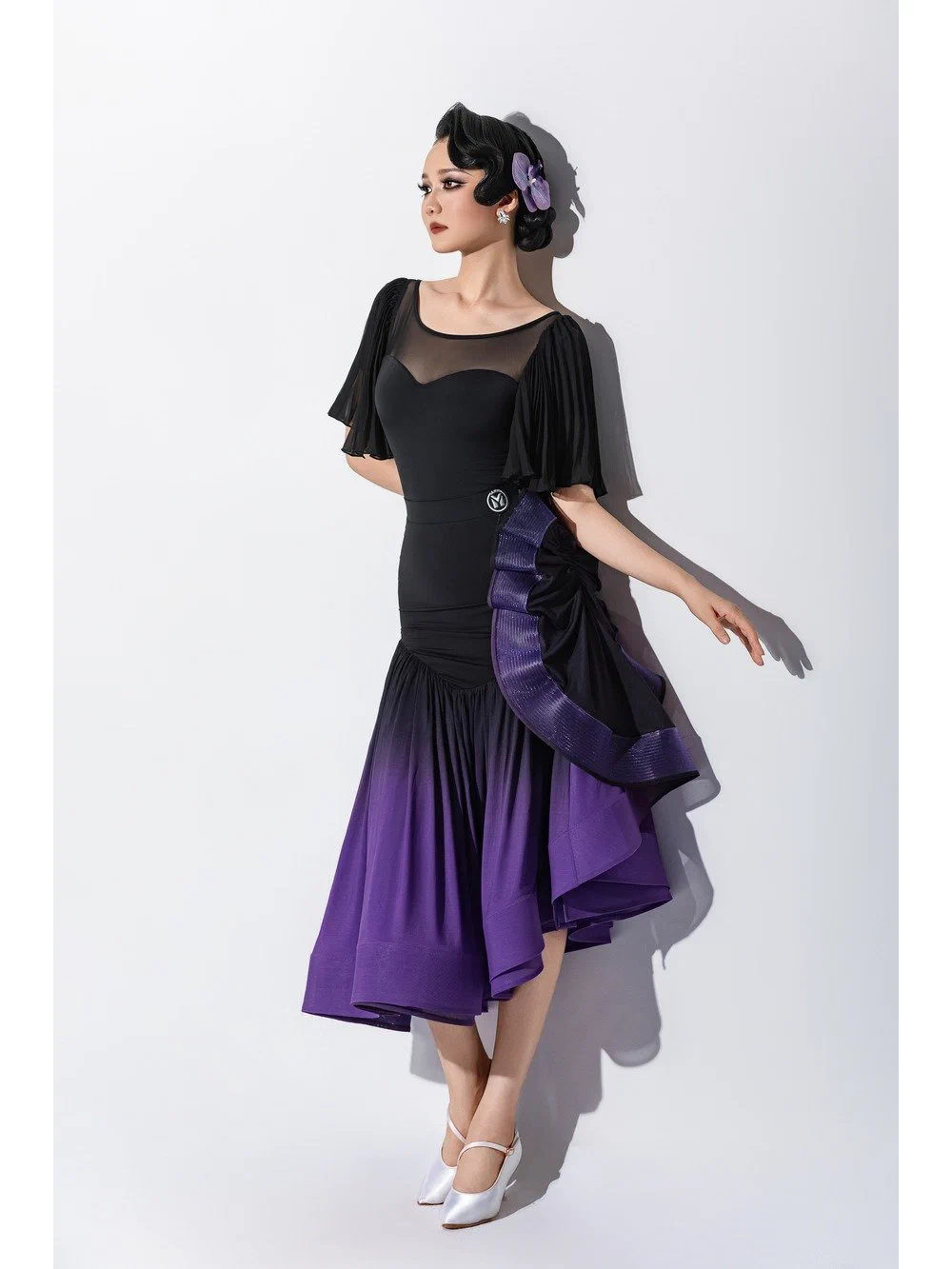 Women's Modern Dance Set Ruched Chiffon Bodysuit with Gradient Boned Skirt