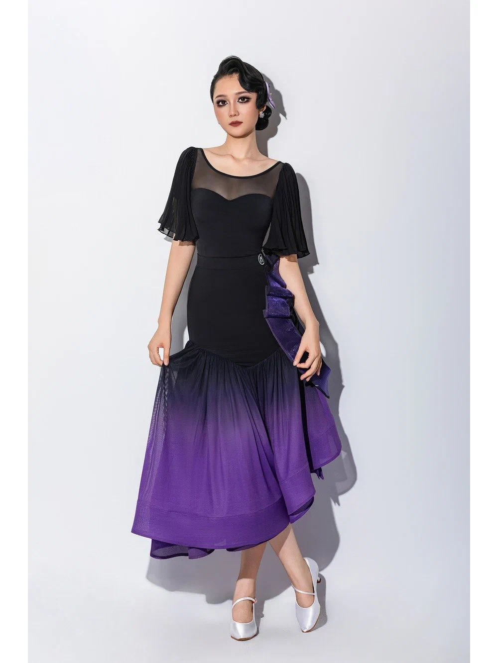 Women's Modern Dance Set Ruched Chiffon Bodysuit with Gradient Boned Skirt
