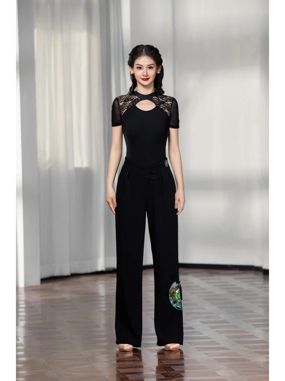 Women's Modern Dance Set Chinese Frog Button Bodysuit with Wide-Leg Pants