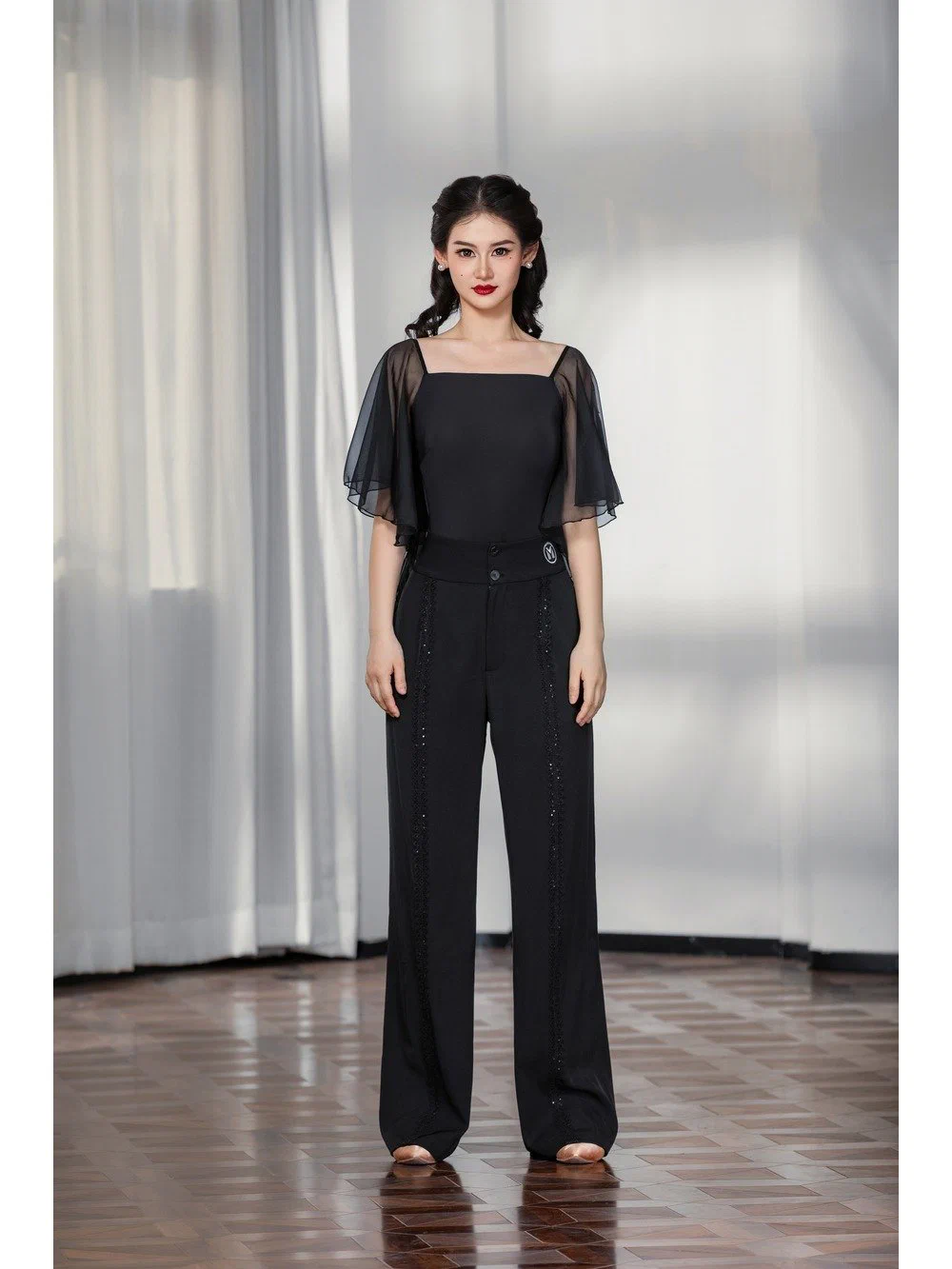 Women's Modern Dance Set Square Neck Flutter Sleeve Top with Sequin Wide-Leg Pants