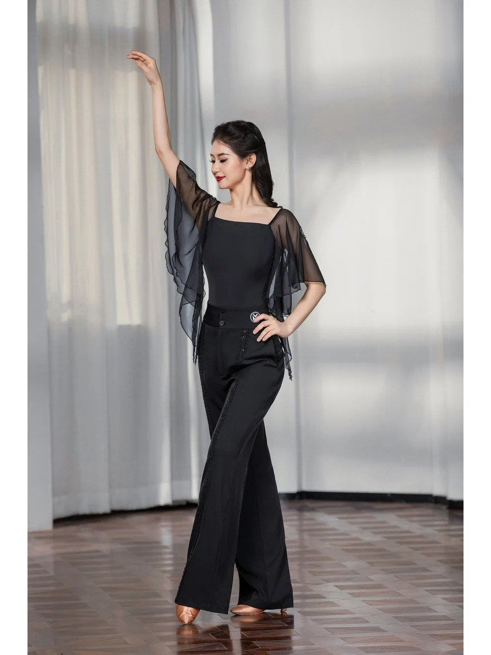 Women's Modern Dance Set Square Neck Flutter Sleeve Top with Sequin Wide-Leg Pants