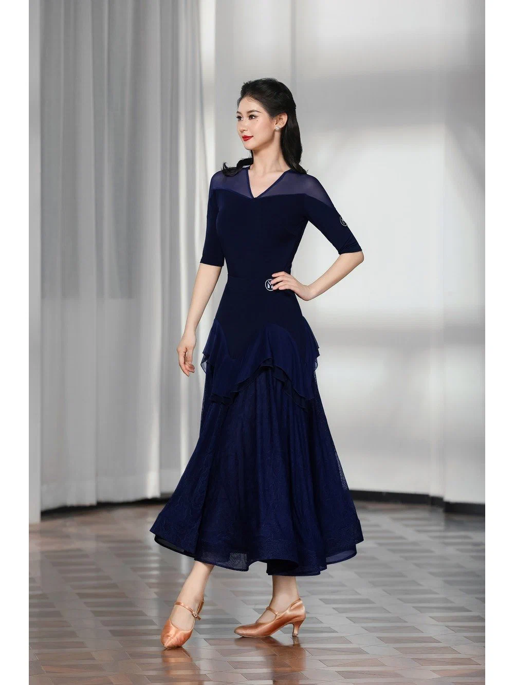 Women's Modern Dance Set V-Neck Mesh Bodysuit with Layered Ruffle Skirt