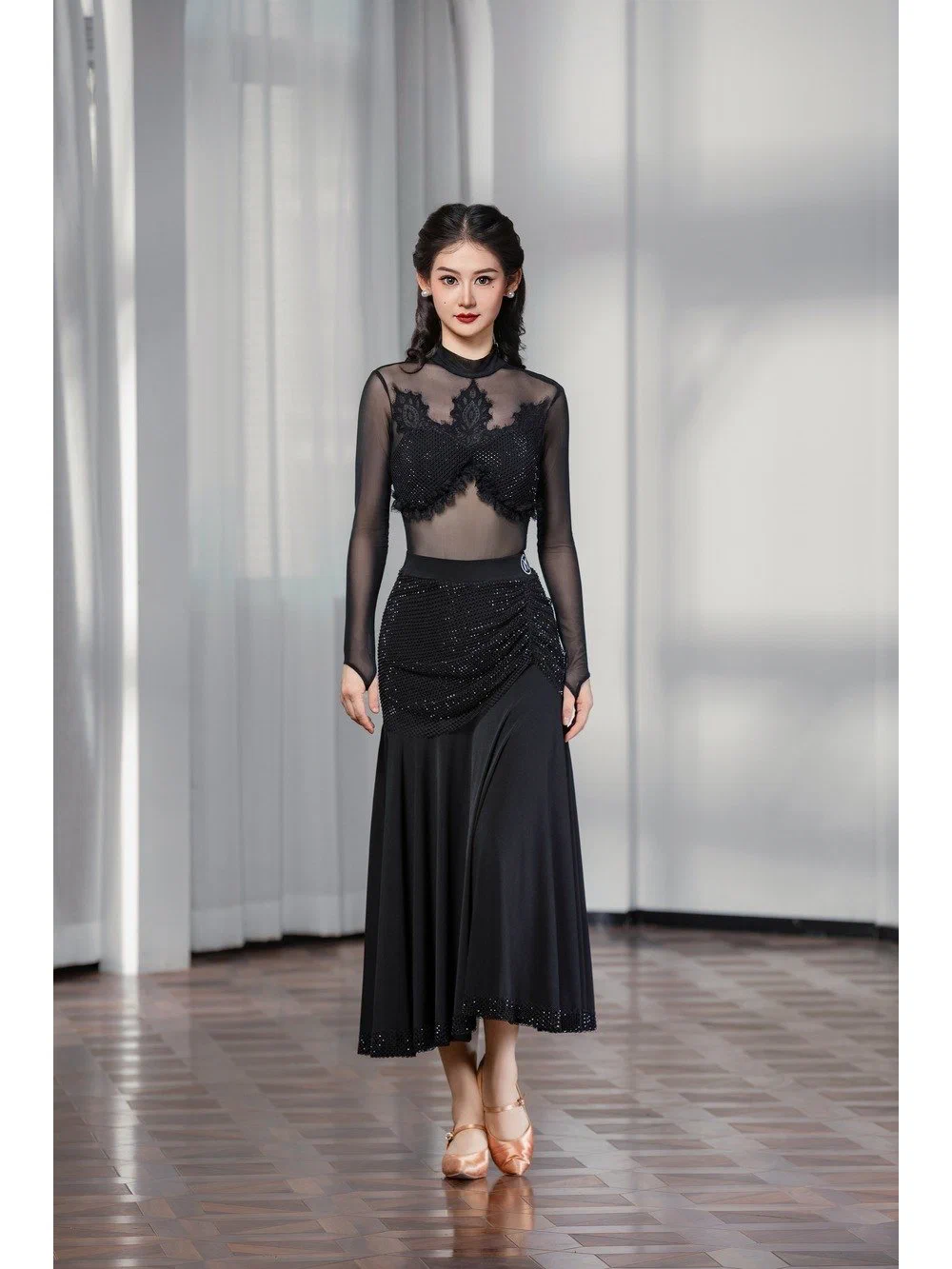 Women's Modern Dance Set Stand Collar Long Sleeve Rhinestone Bodysuit with Full Skirt