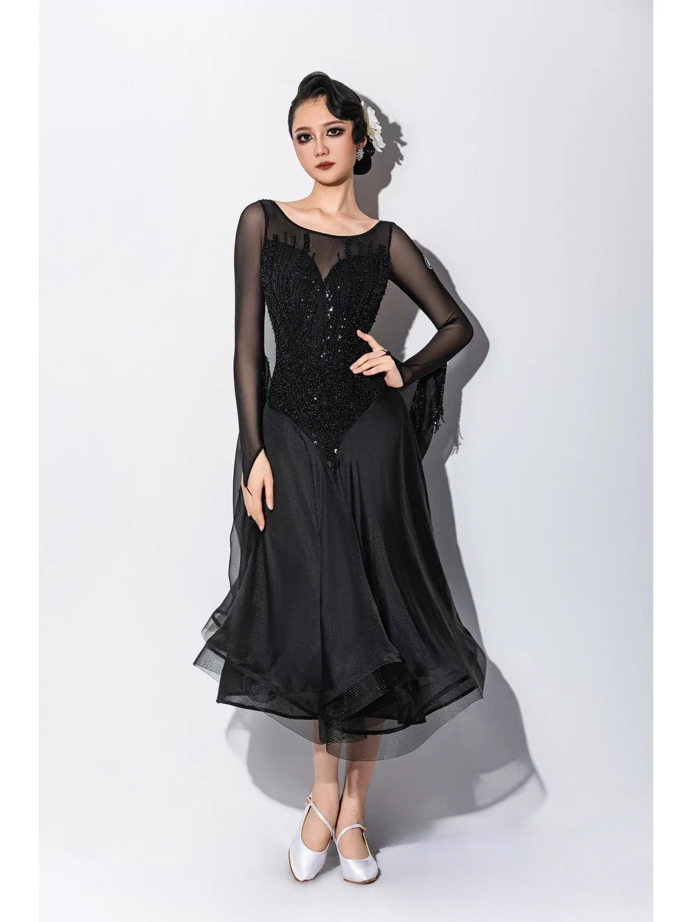 Women's Modern Dance Dress Beaded Mesh Long Sleeve Open-Back with Ribbon