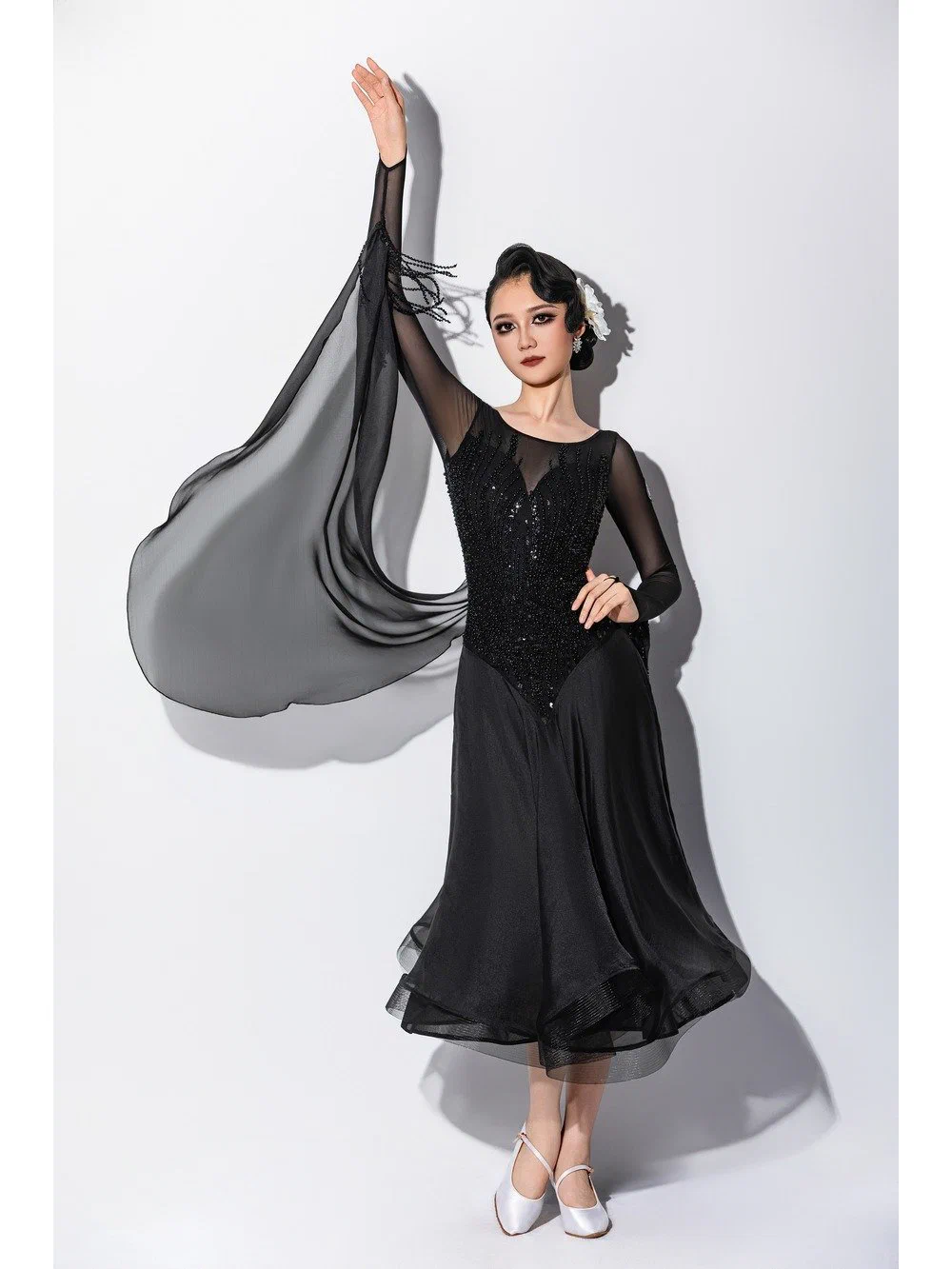 Women's Modern Dance Dress Beaded Mesh Long Sleeve Open-Back with Ribbon