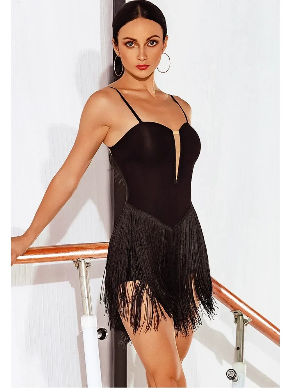 Women's Latin Dance Dress Strapless Open-Back Fringe Metal Ring