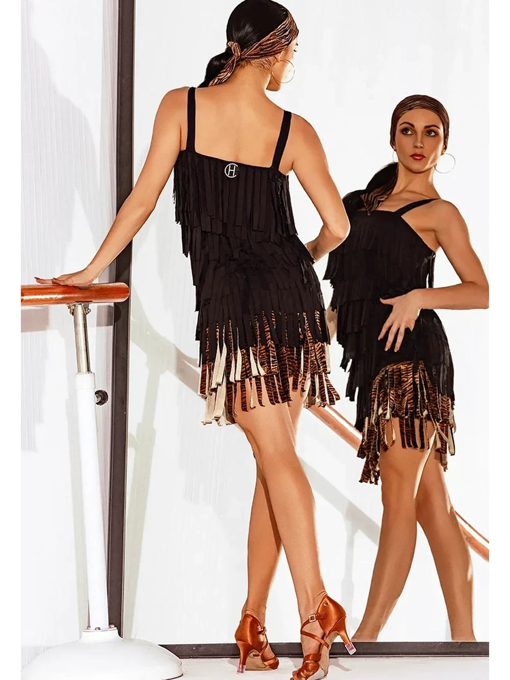 Women's Latin Dance Dress Strappy Fringe Tiger Print Leotard