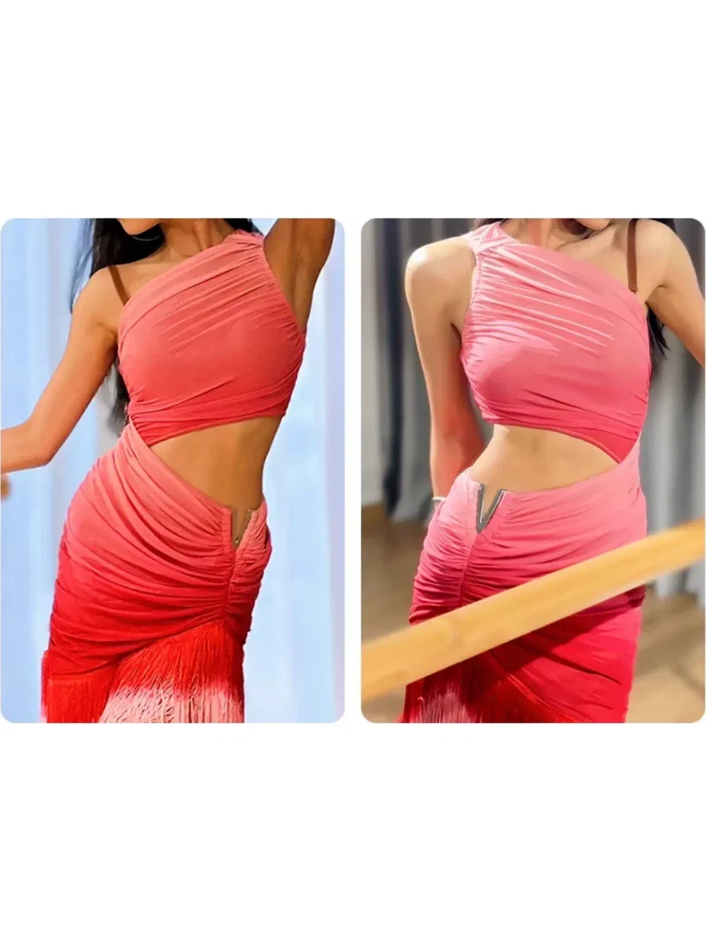 Women's Latin Dance Dress One-Shoulder Gradient Mesh Cutout Fringe