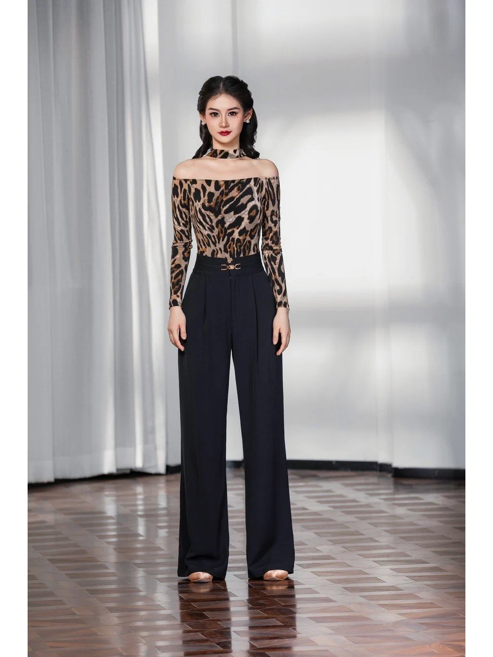 Women's Latin Dance Set Halter One-Shoulder Long Sleeve Bodysuit with Straight Pants