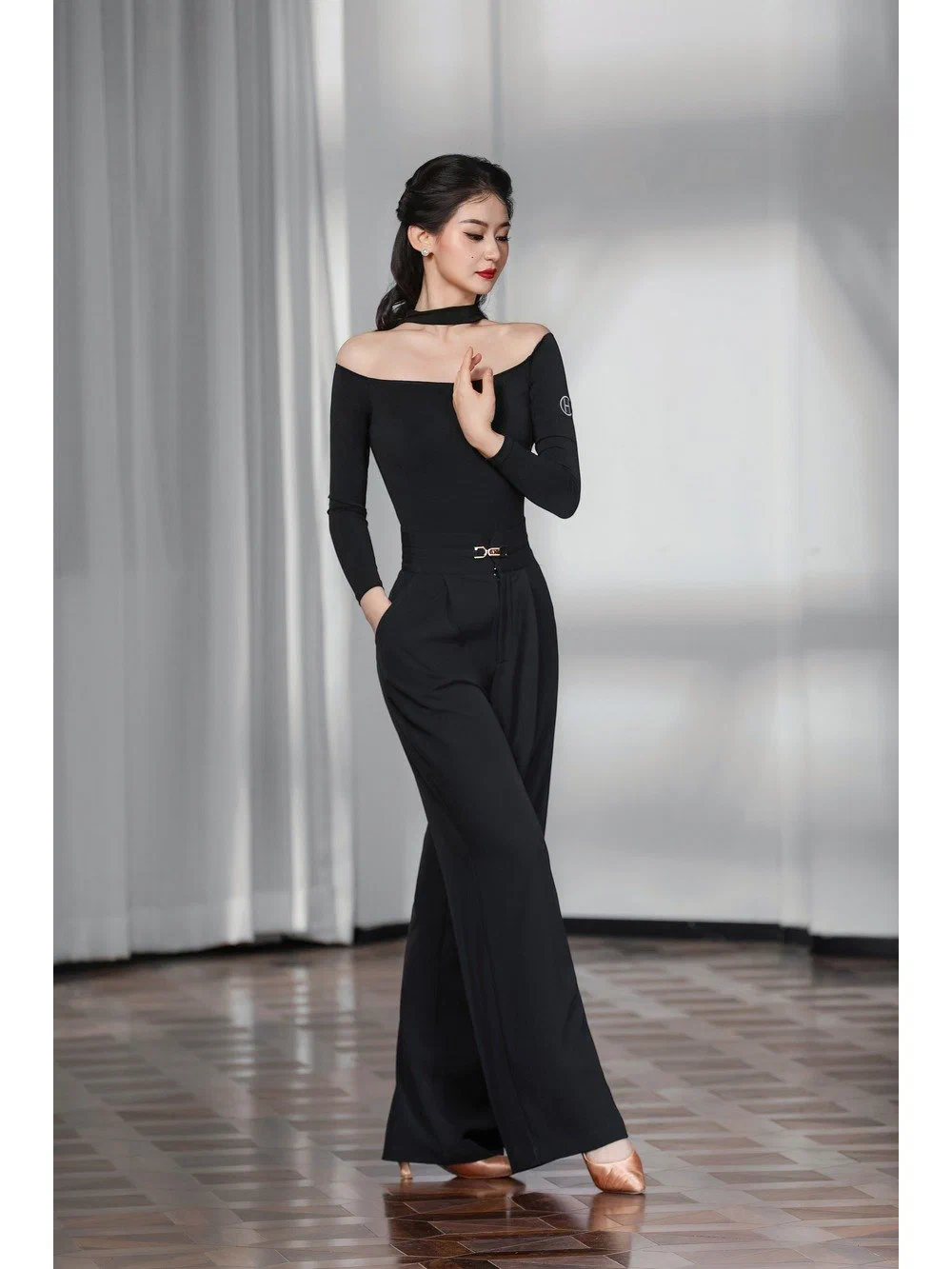 Women's Latin Dance Set Halter One-Shoulder Long Sleeve Bodysuit with Straight Pants