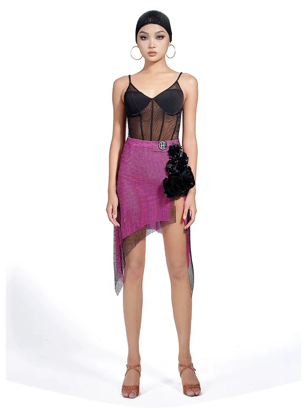 Women's Latin Dance Skirt Rhinestone Mesh Irregular Hem 3D Flower