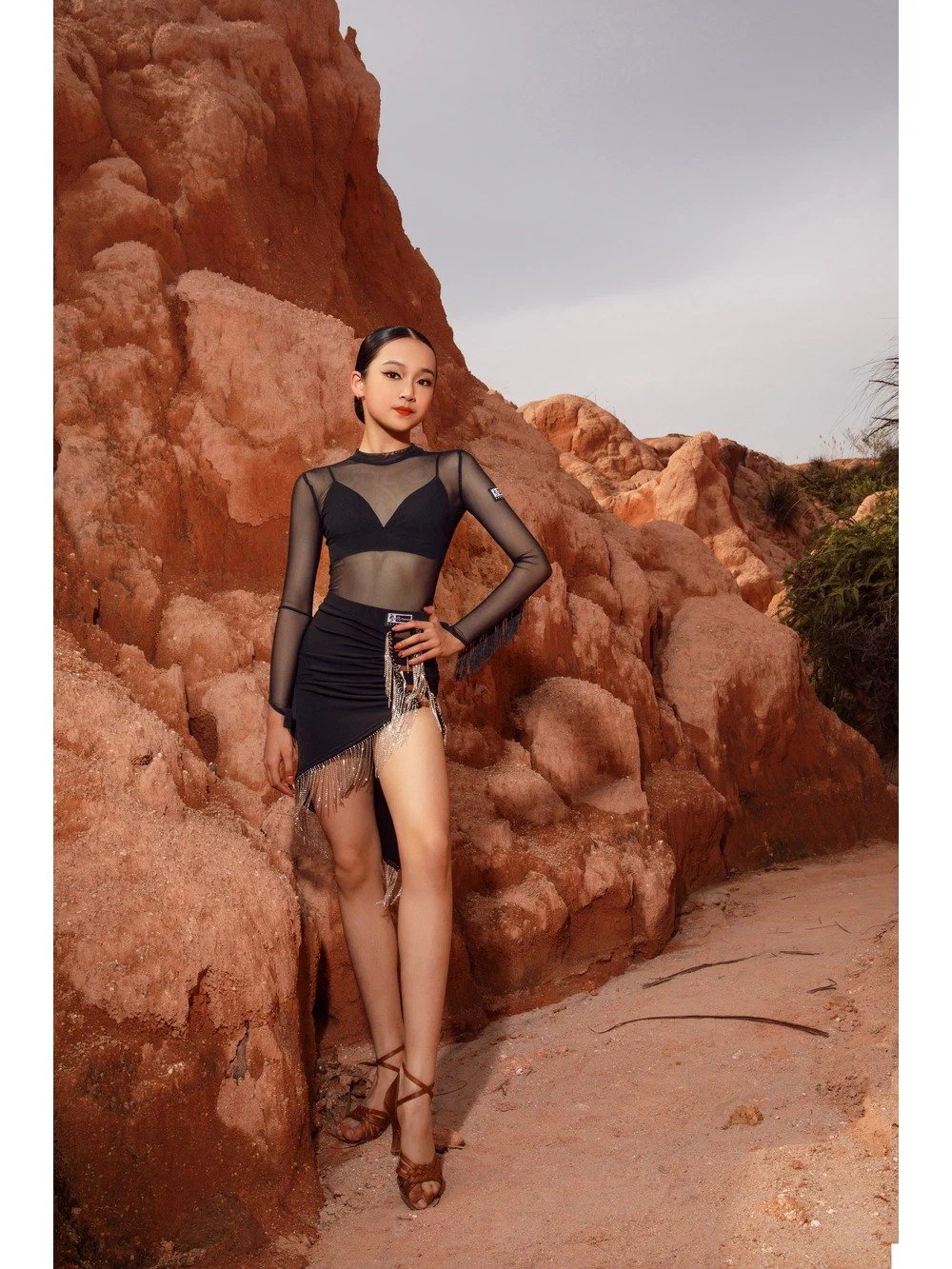Girls Latin Dance Set Mesh Bodysuit with Rhinestone Skirt