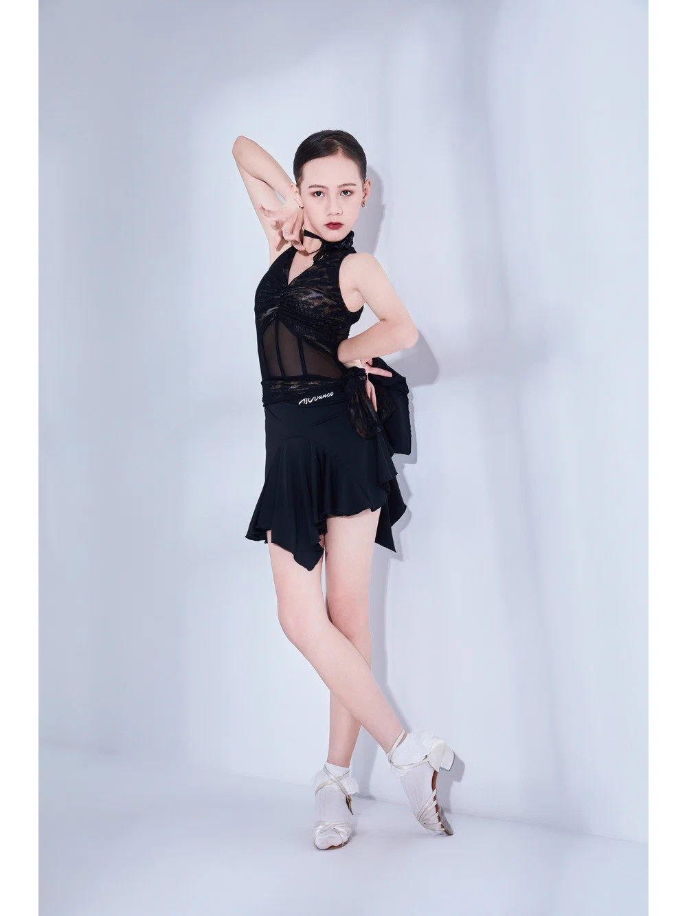Girls Latin Dance Set Halter Leopard Bodysuit with Contrast Tie Skirt
