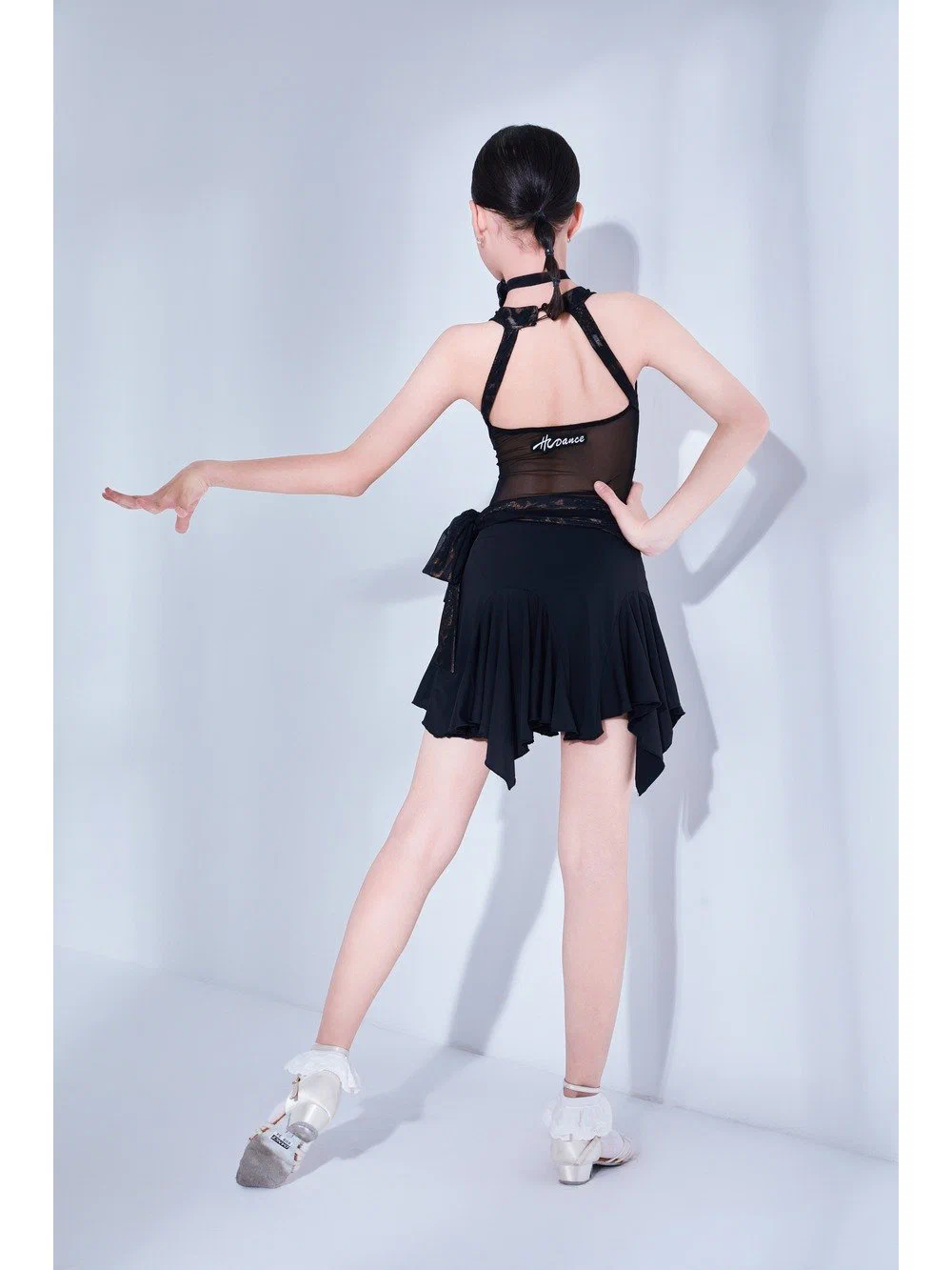Girls Latin Dance Set Halter Leopard Bodysuit with Contrast Tie Skirt