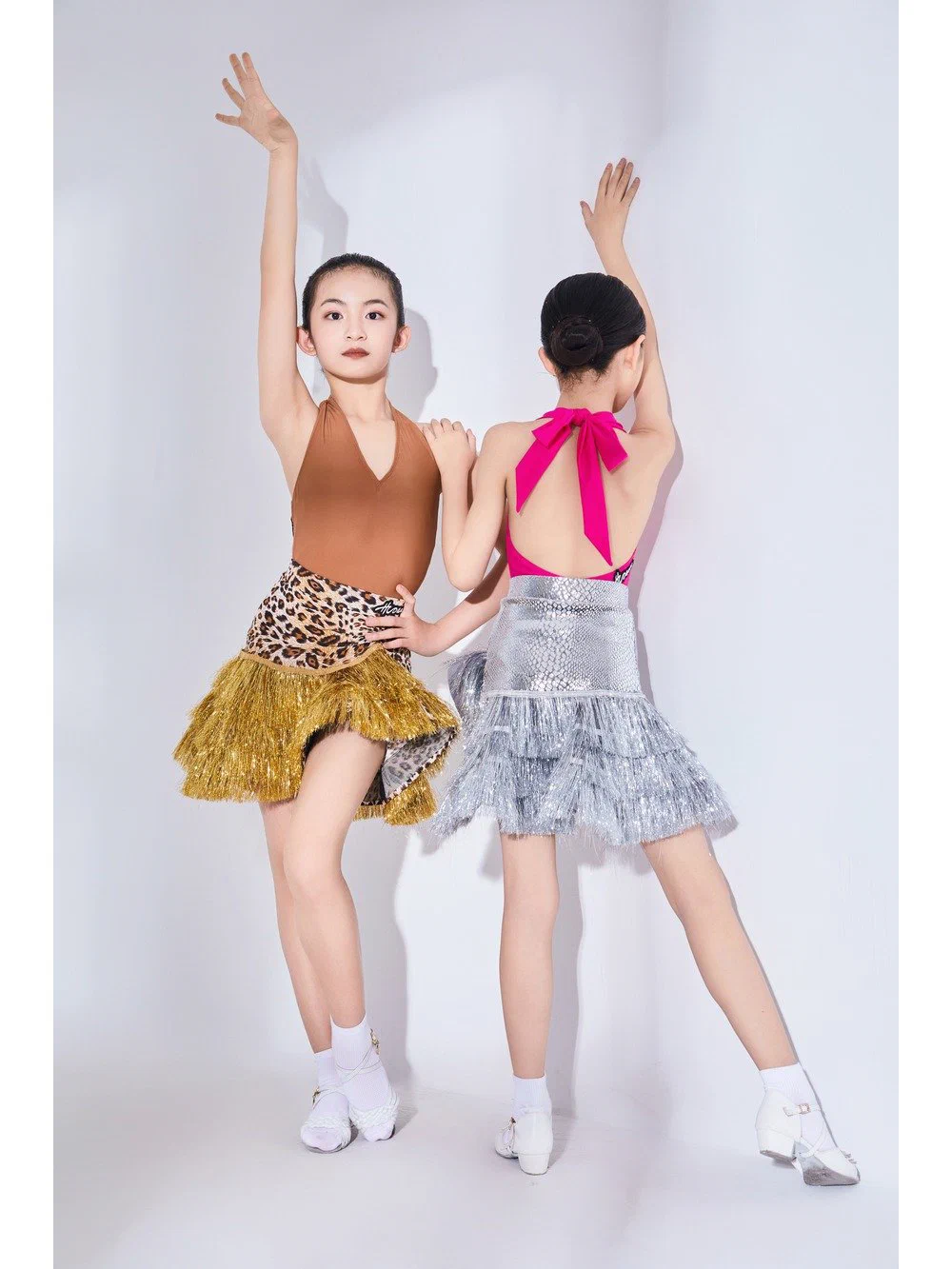 Girls Latin Dance Set Halter Mesh Bodysuit with Gold Fringe Skirt
