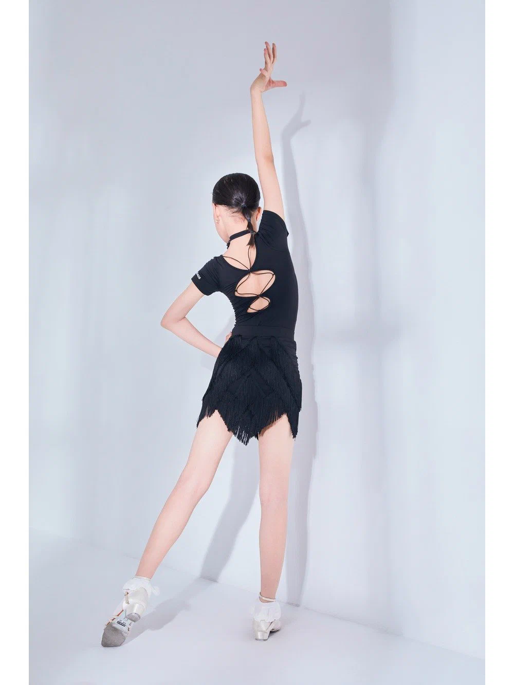 Girls Latin Dance Set Cutout Back T-Shirt with Fringe Skirt