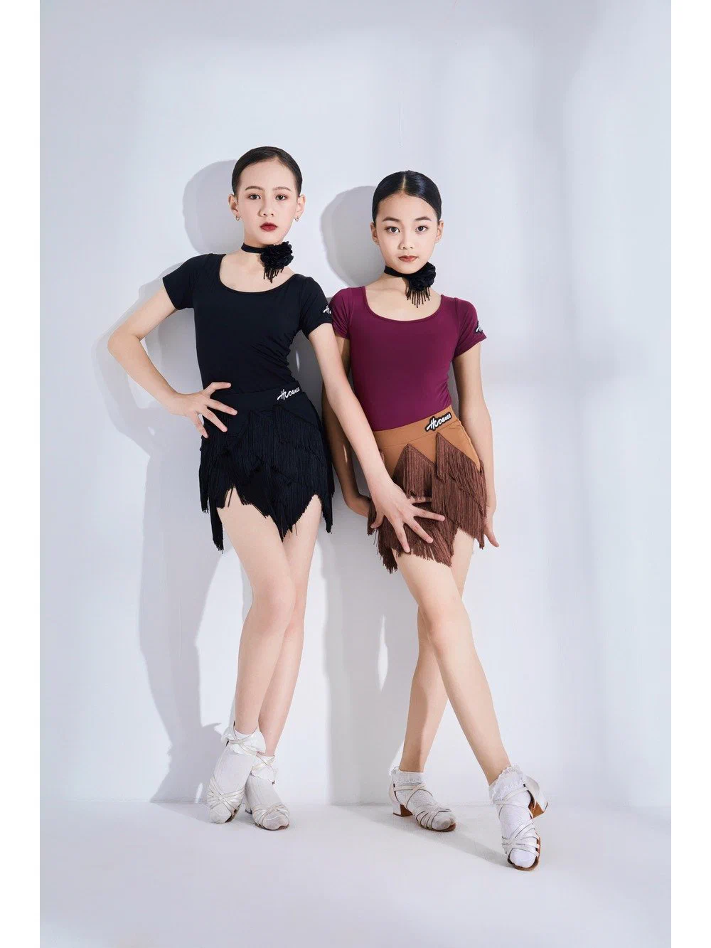 Girls Latin Dance Set Cutout Back T-Shirt with Fringe Skirt