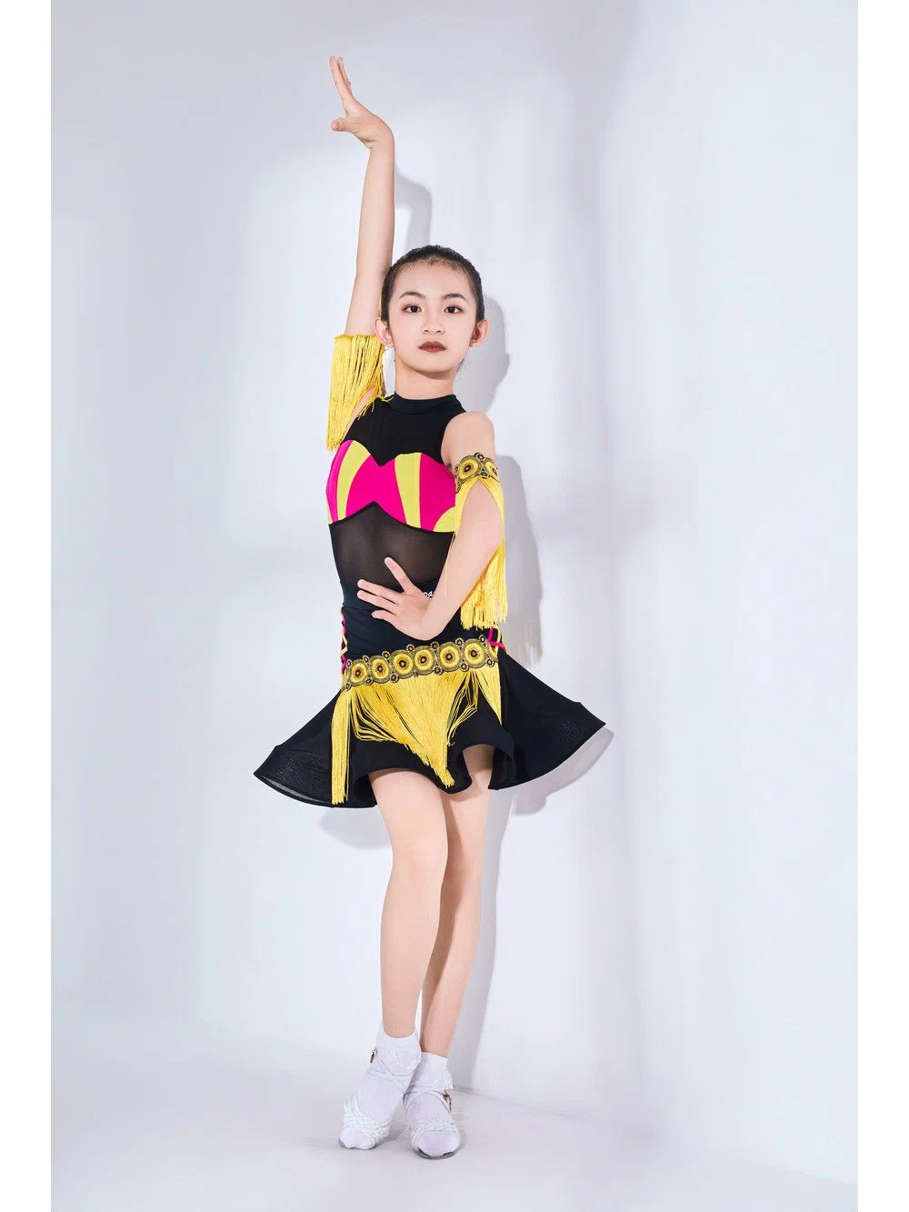 Girls Latin Dance Set Sleeveless High Neck Top with Ethnic Fringe Skirt