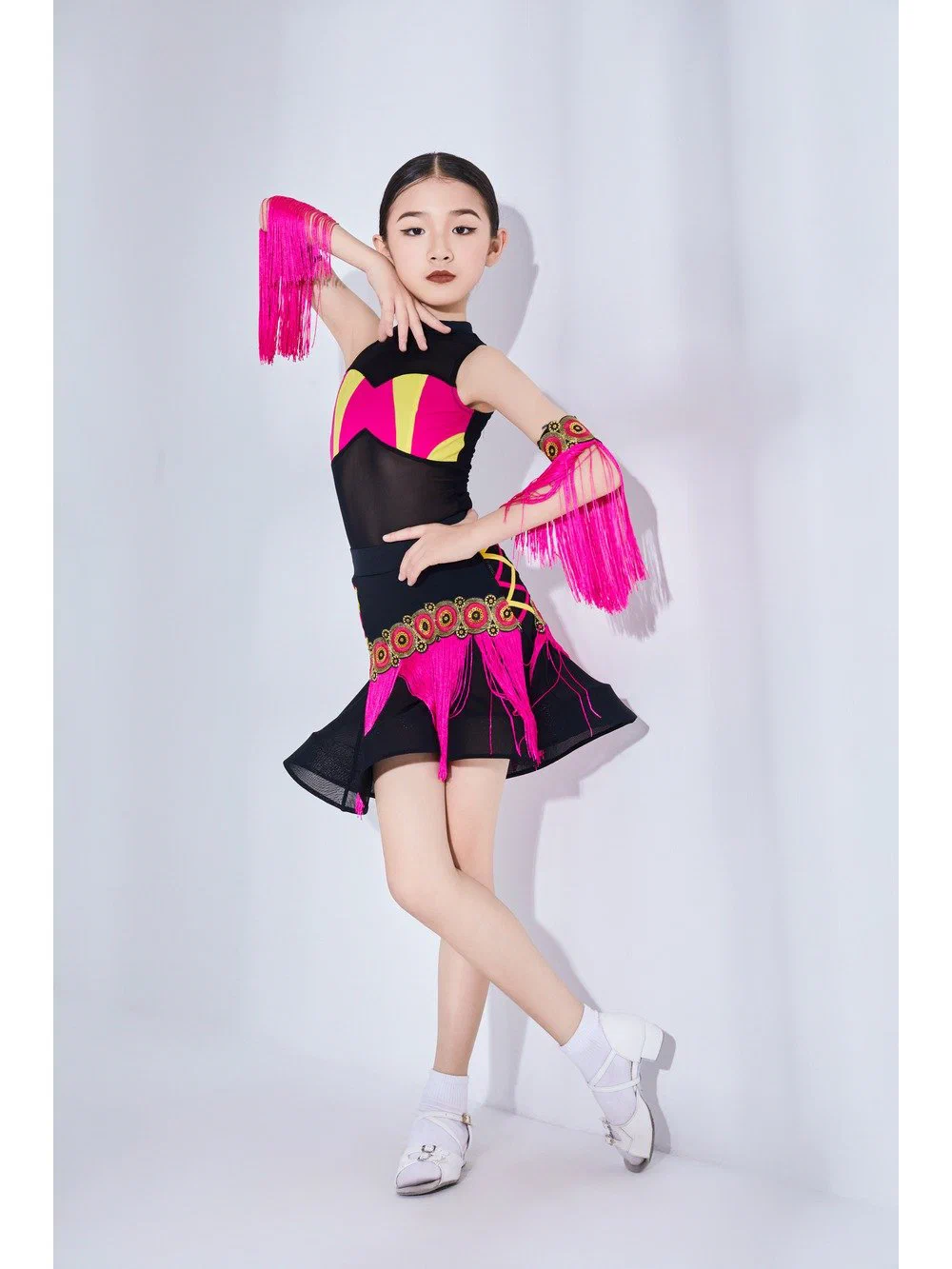Girls Latin Dance Set Sleeveless High Neck Top with Ethnic Fringe Skirt