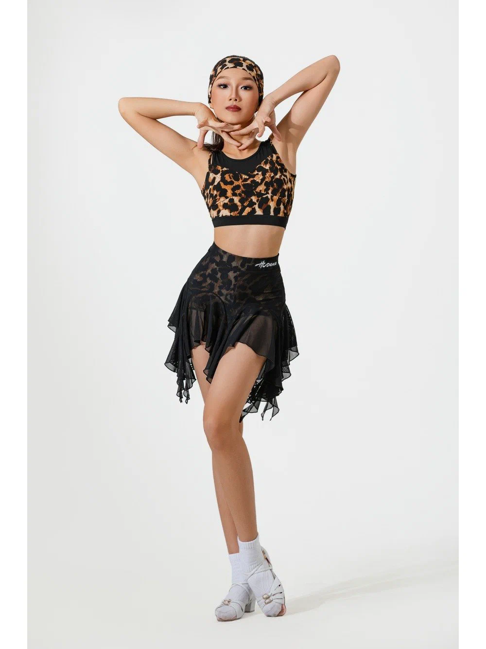 Girls Latin Dance Set Strappy Contrast Top with Leopard Mesh Skirt