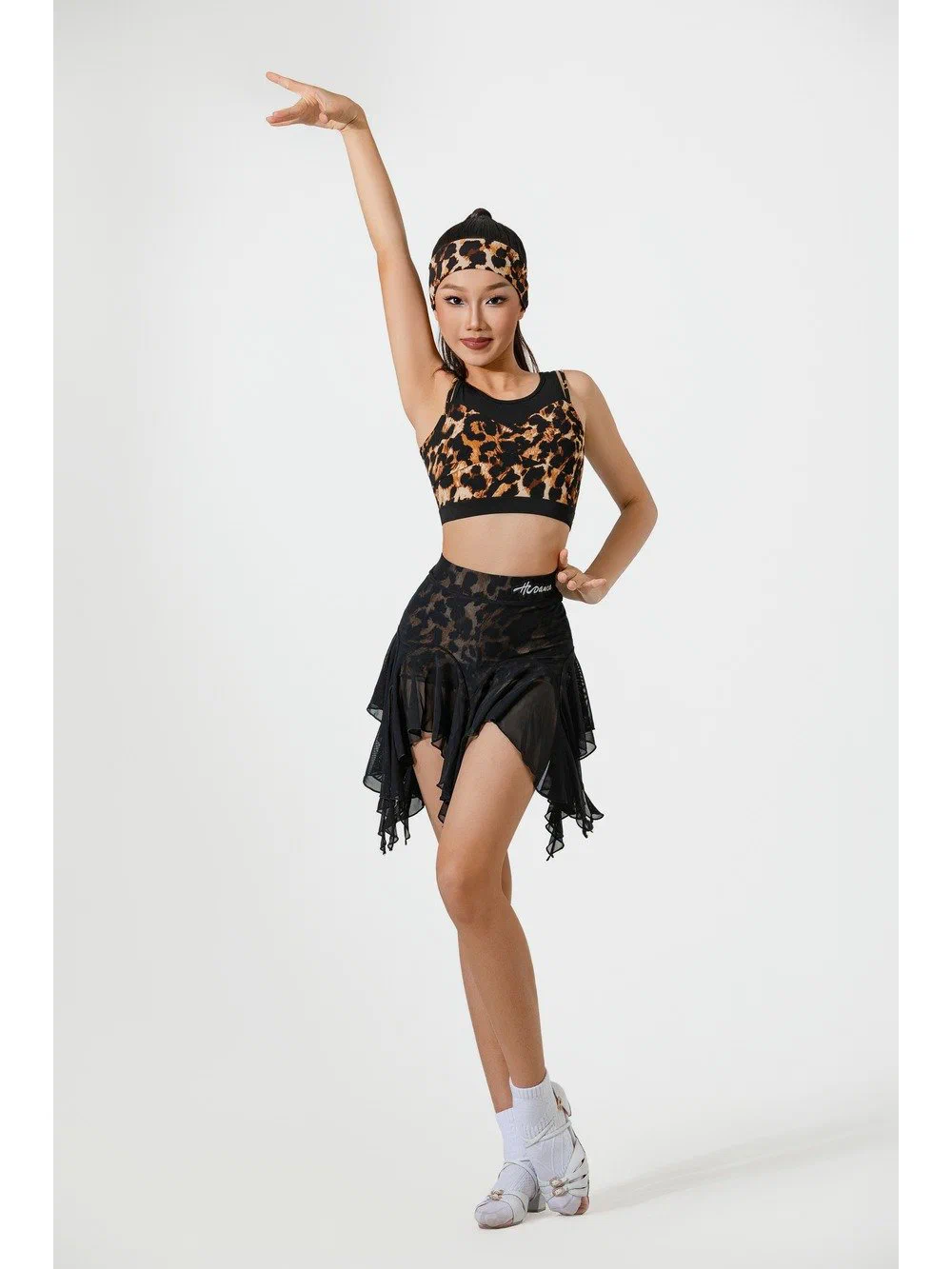 Girls Latin Dance Set Strappy Contrast Top with Leopard Mesh Skirt