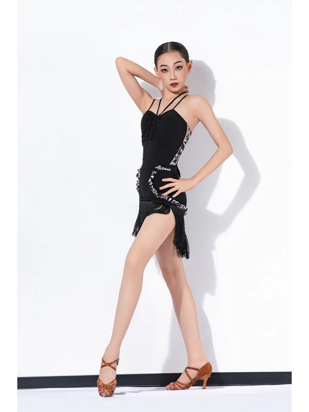 Girls Latin Dance Set Drawstring Ruffle Top with Contrast Fringe Skirt