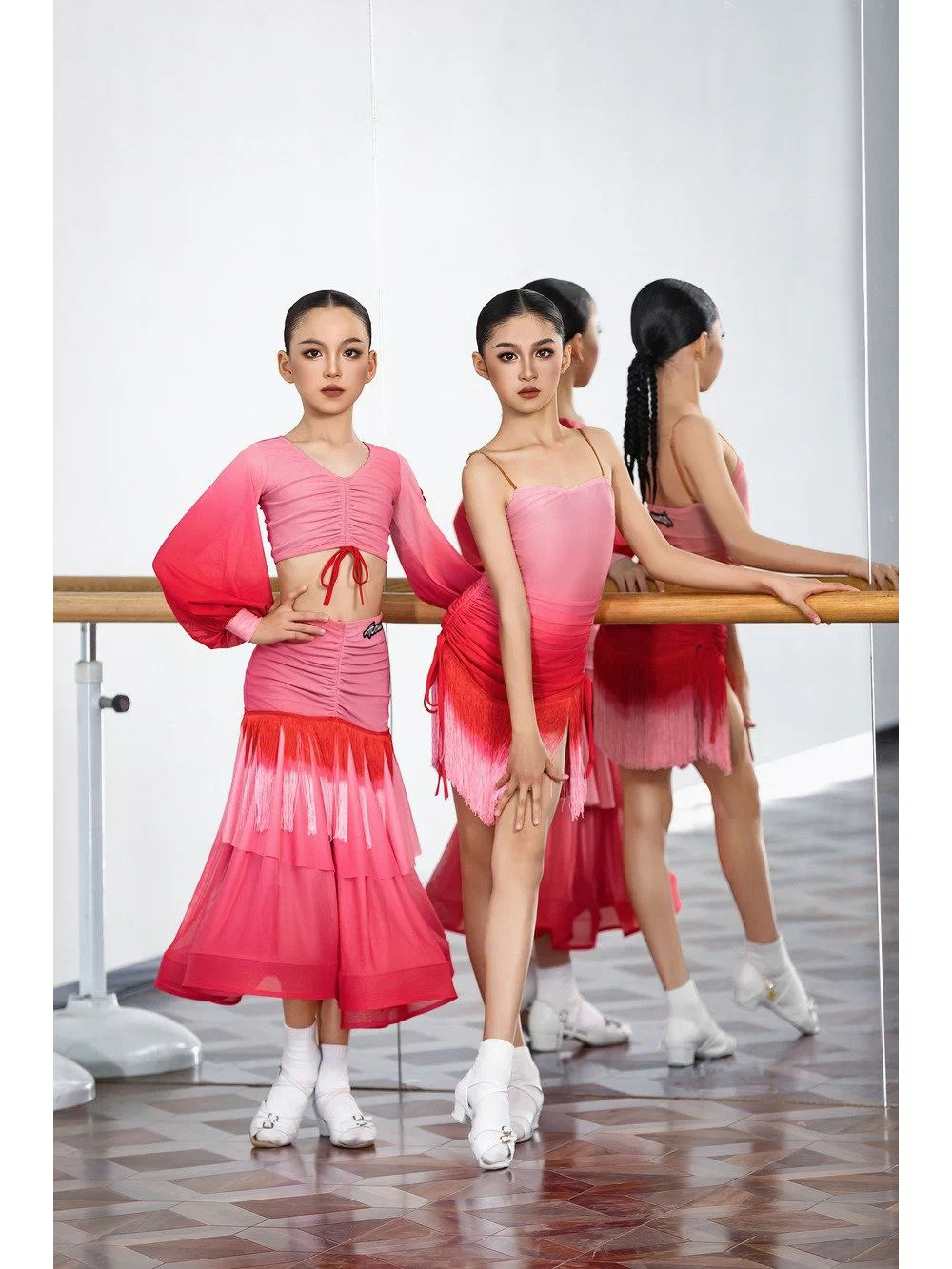 Girls Latin Dance Set Gradient Lantern Sleeve Top with Convertible Skirt