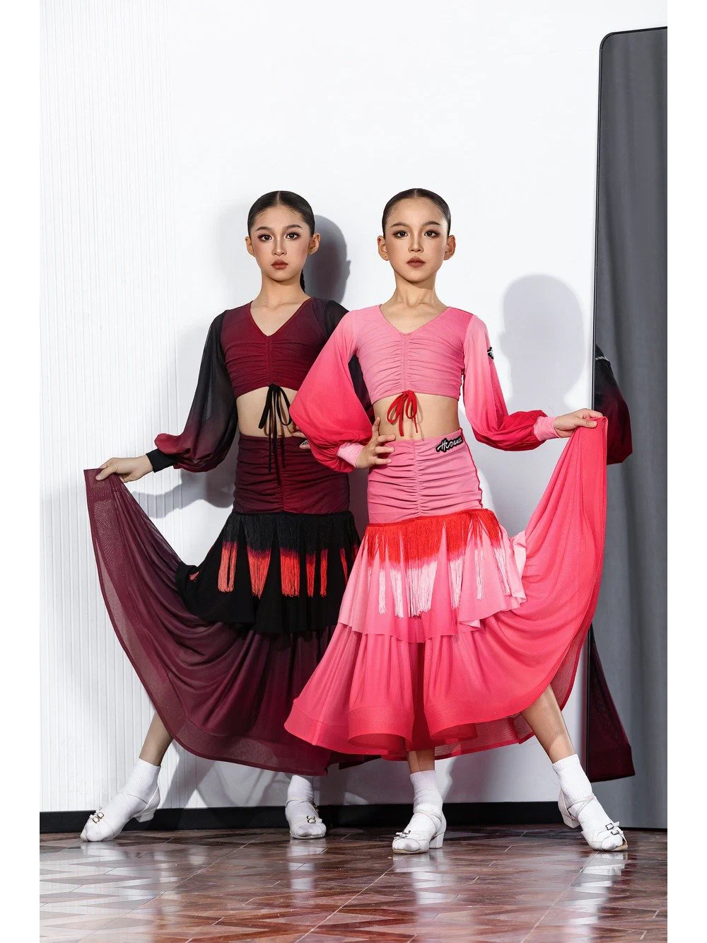 Girls Latin Dance Set Gradient Lantern Sleeve Top with Convertible Skirt