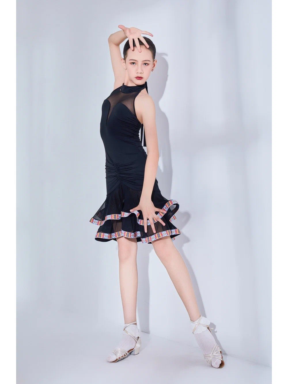 Girls Latin Dance Dress Halter Tie Open-Back Layered Lace Full Skirt