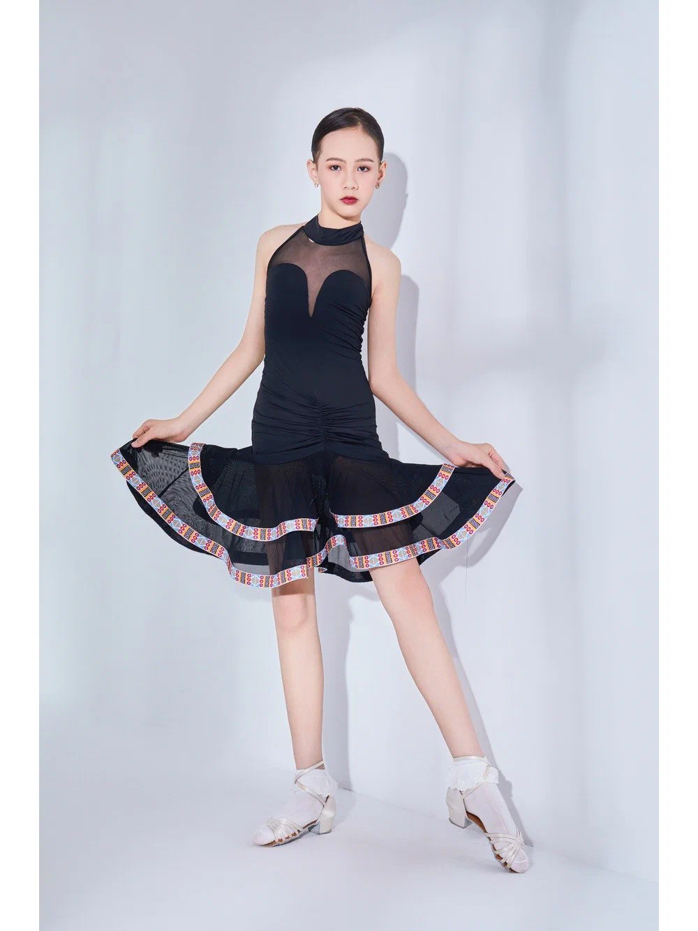 Girls Latin Dance Dress Halter Tie Open-Back Layered Lace Full Skirt
