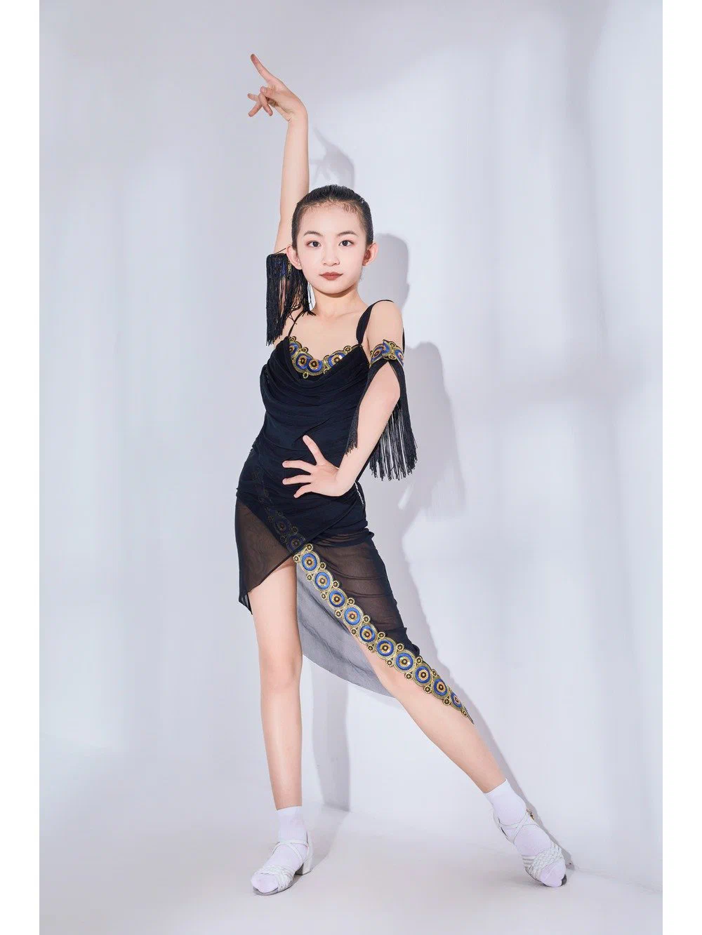 Girls Latin Dance Dress Strappy Beautiful Back Ethnic Lace Mesh High Slit