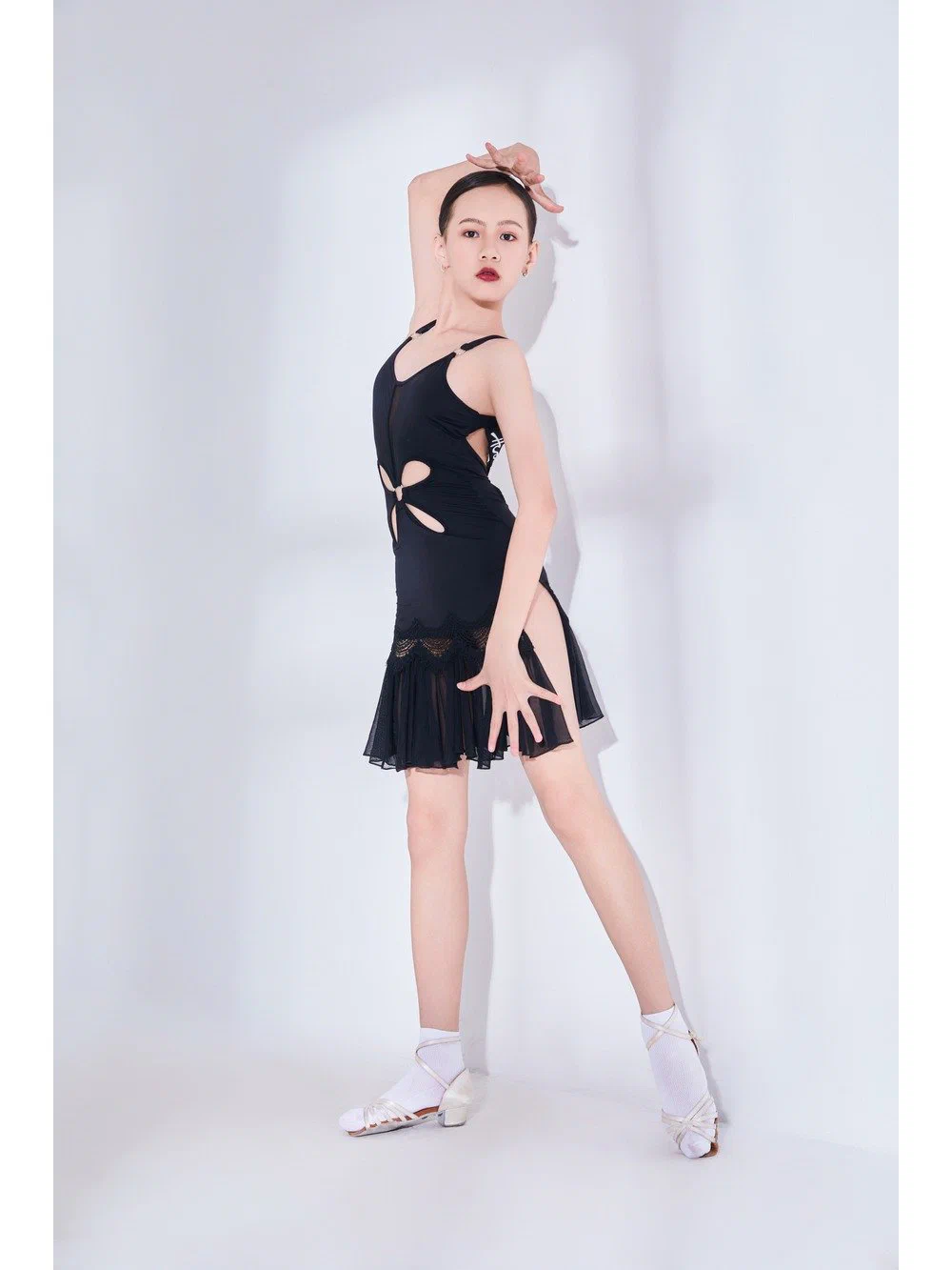 Girls Latin Dance Dress Strappy Beautiful Back Lace Mesh Cutout