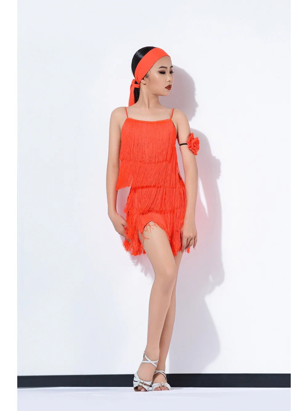 Girls Latin Dance Set Strappy Open-Back Cutout Top with Fringe Skirt