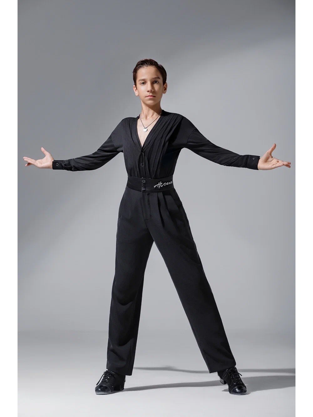 Boys Latin Dance Set V-Neck Long Sleeve Pleated Top with Gold Foil Pants