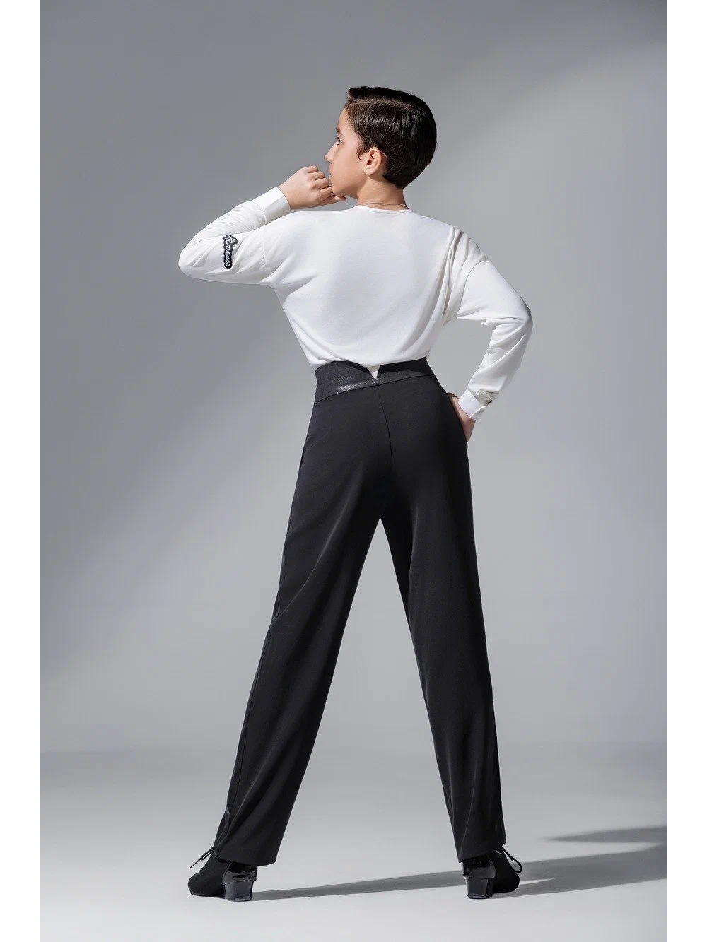 Boys Latin Dance Set V-Neck Long Sleeve Pleated Top with Gold Foil Pants