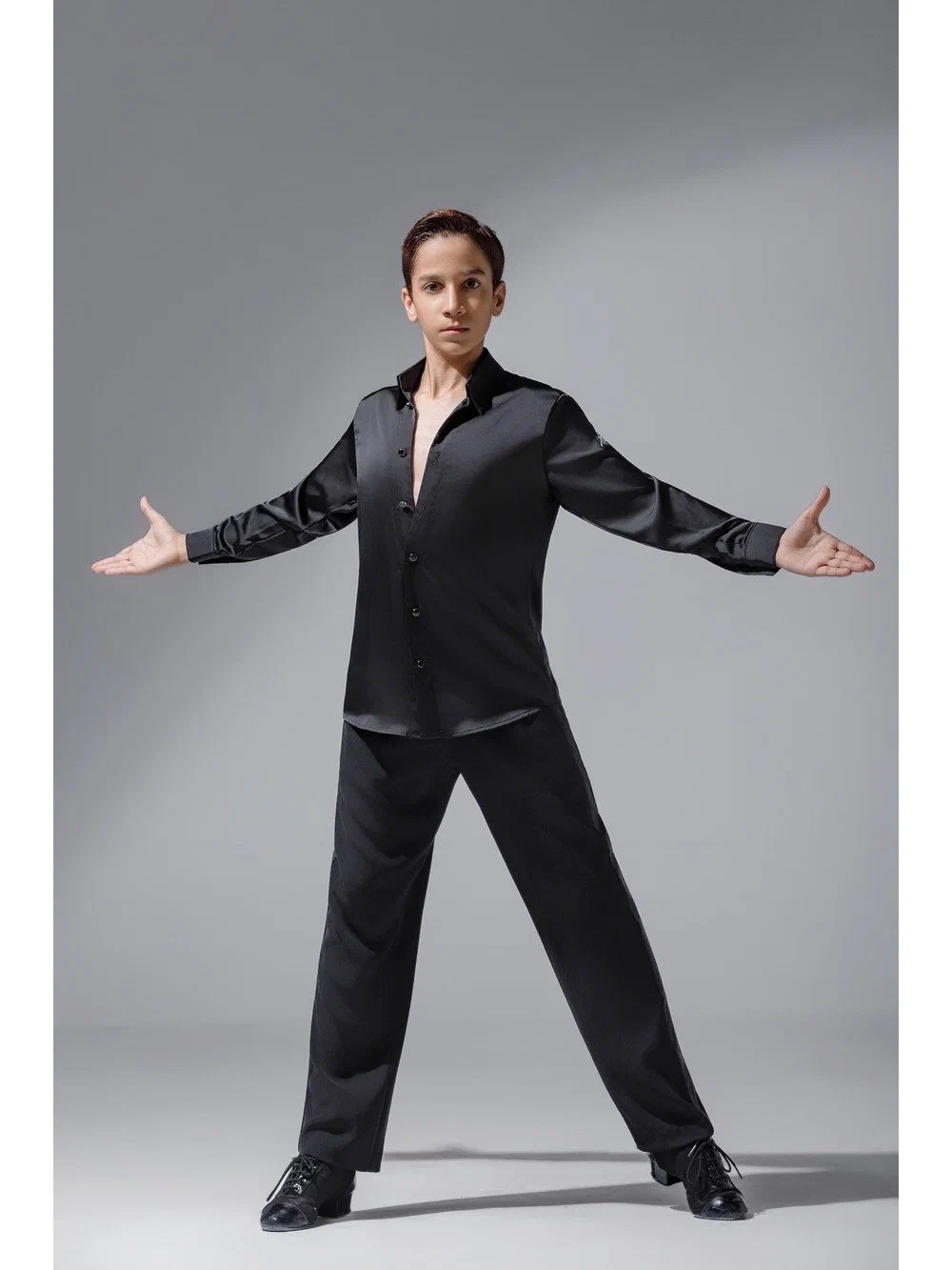 Boys Latin Dance Set Stand Collar Long Sleeve Shirt with Gold Foil Pants
