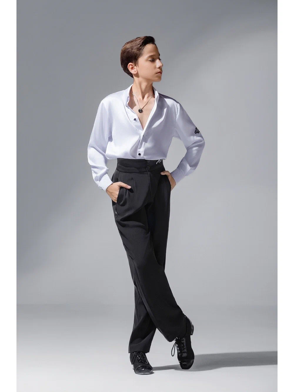 Boys Latin Dance Set Stand Collar Long Sleeve Shirt with Gold Foil Pants