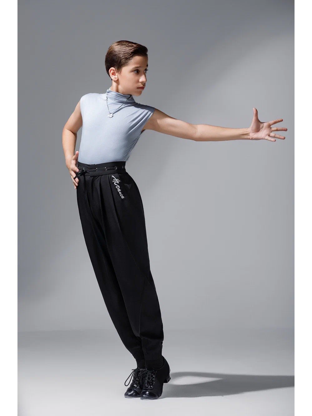 Boys Latin Dance Set Stand Collar Sleeveless Top with Eyelet Cuffed Pants