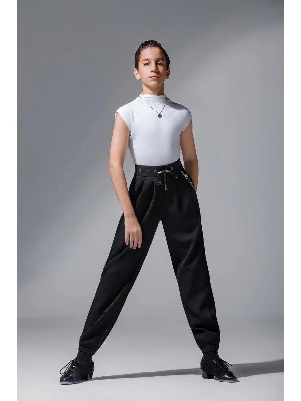 Boys Latin Dance Set Stand Collar Sleeveless Top with Eyelet Cuffed Pants