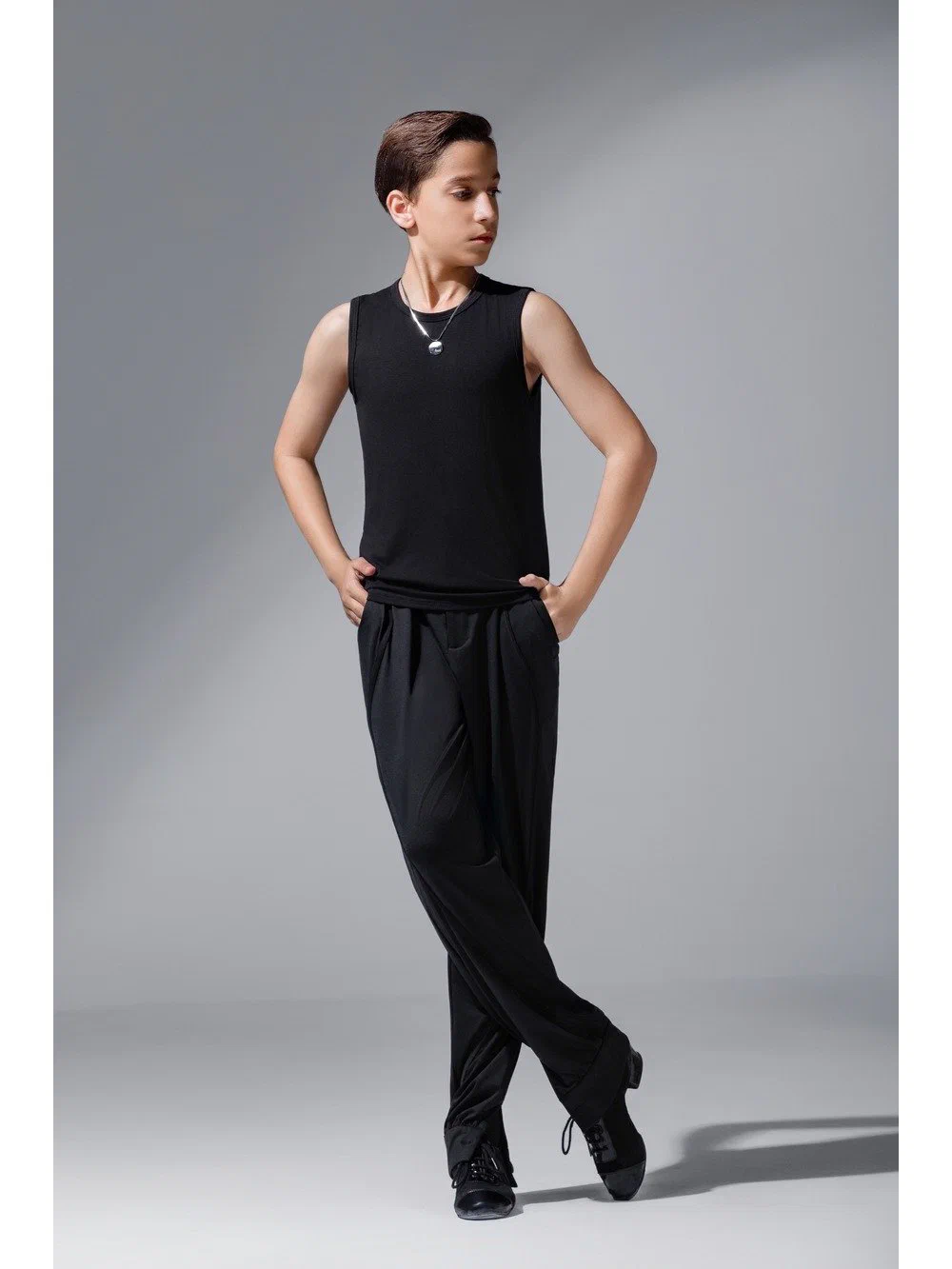 Boys Latin Dance Set Crew Neck Sleeveless Tank with Zipper Cuffed Pants