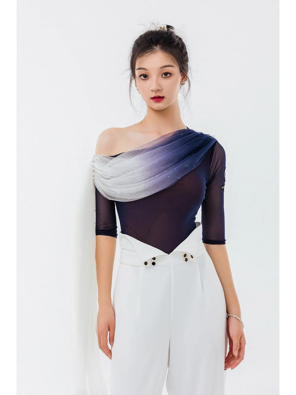 Women's Modern Dance Set Gradient Mesh One-Shoulder Bodysuit with High-Waist Pants