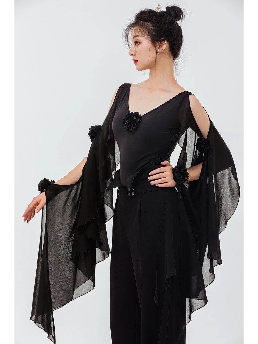 Women's Modern Dance Set Chiffon Flutter Sleeve Top with 3D Flower and High-Waist Pants