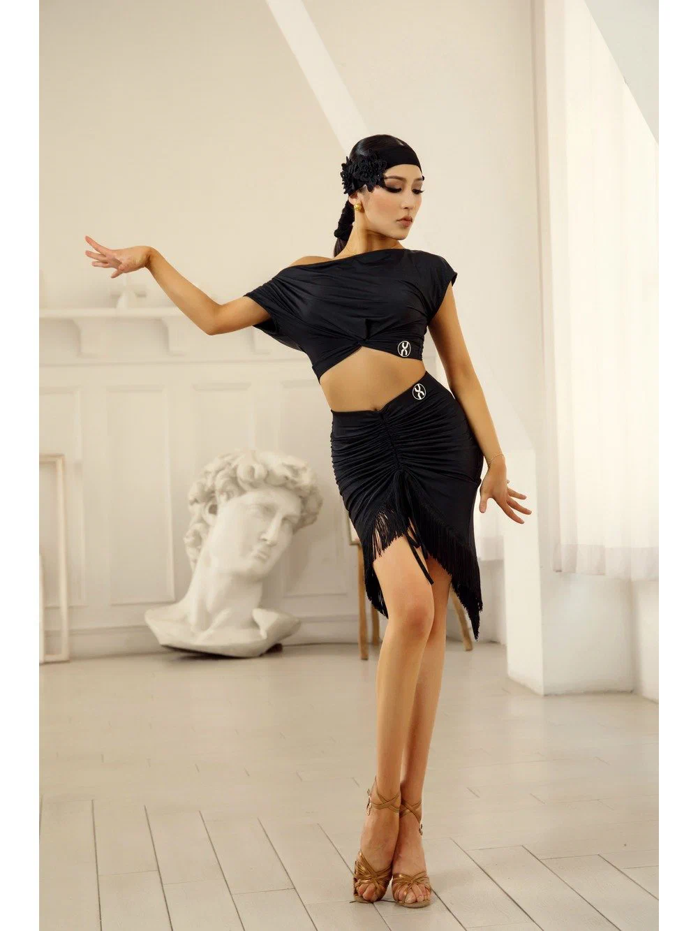 Women's Latin Dance Set One-Shoulder Crop Top with Irregular High Slit Skirt