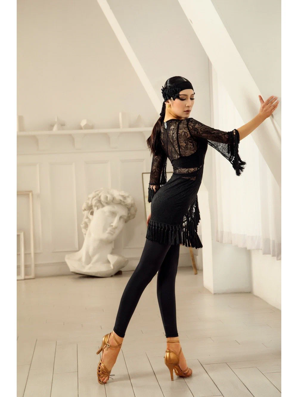 Women's Latin Dance Set Sheer Lace Long Sleeve Top with High-Waist Pants