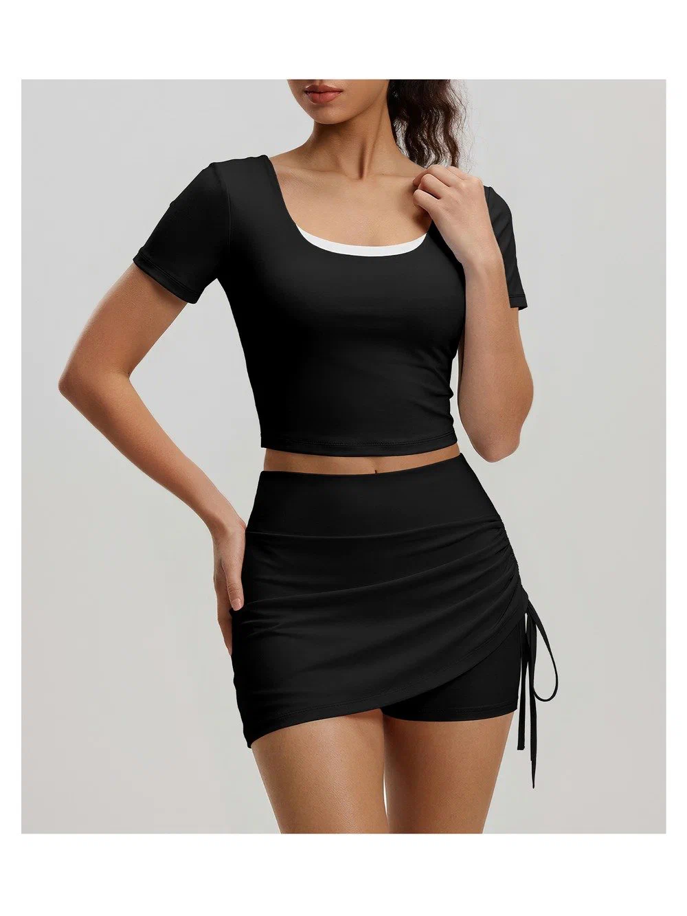 Women's Yoga Set Sports Bra Beautiful Back with Short Sleeve and Drawstring Skirt
